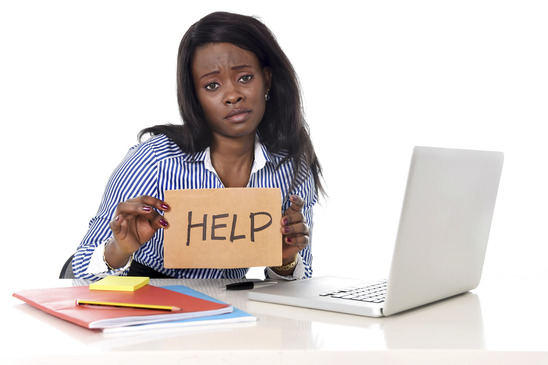 black African American ethnicity woman in work stress at asking for help