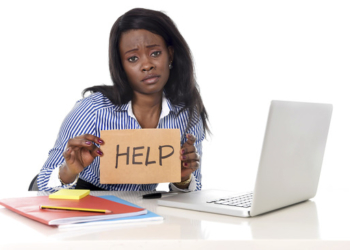 woman in work stress at asking for help