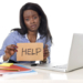 woman in work stress at asking for help