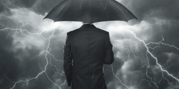 Trouble ahead concept, Businessman with umbrella standing in the